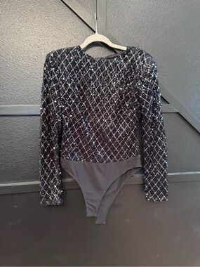 Vici Black Sequin Long-Sleeve Bodysuit